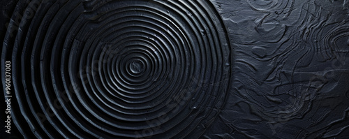 A dark black textured surface with a series of concentric circles and radial lines. The pattern creates a sense of motion and dynamic energy.