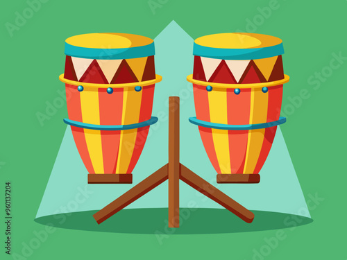 Vector illustration of Pair of colorful conga drums standing on wooden stand. 
