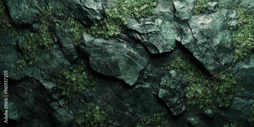 A dark green textured surface with a rough, uneven texture, mimicking the feel of moss-covered rocks in a dense forest.