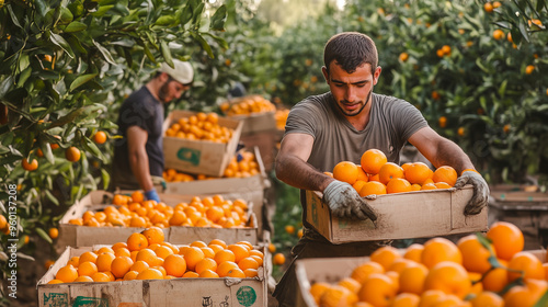 Two young farmers are harvesting crates of fresh oranges in an orange grove, surrounded by trees covered with fruits