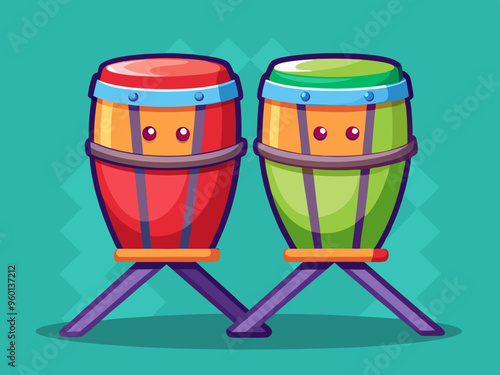 Vector illustration of Pair of colorful conga drums standing on wooden stand. 
