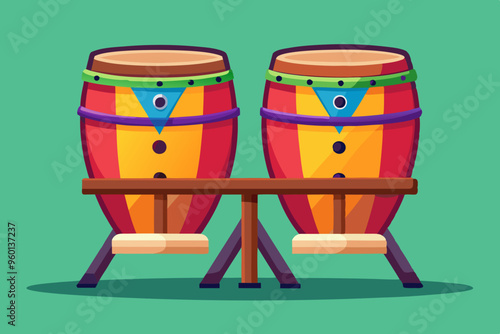 Vector illustration of Pair of colorful conga drums standing on wooden stand. 
