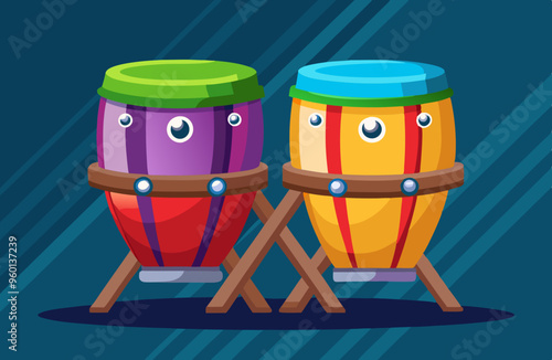 Vector illustration of Pair of colorful conga drums standing on wooden stand. 
