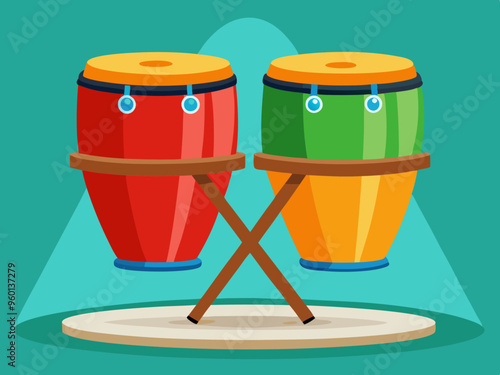 Vector illustration of Pair of colorful conga drums standing on wooden stand. 
