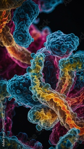 Glowing bacteria moving through the gut, keeping the balance in a colorful array.