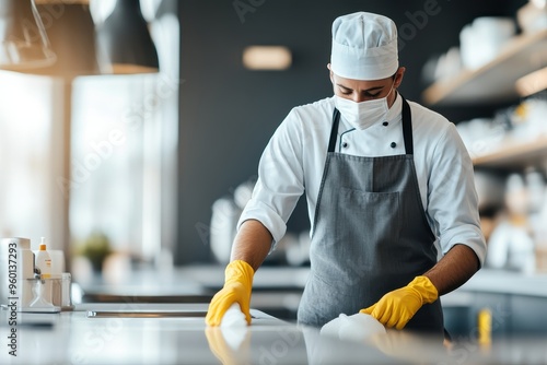 A chef wearing a mask, gloves, and apron meticulously cleans and sanitizes a kitchen surface, emphasizing hygiene and safety in the food preparation environment.
