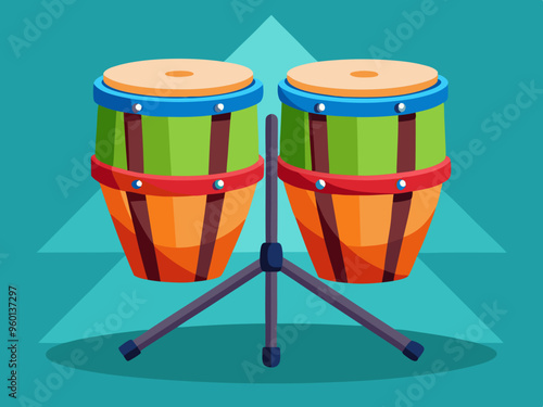 Vector illustration of Pair of colorful conga drums standing on wooden stand. 
