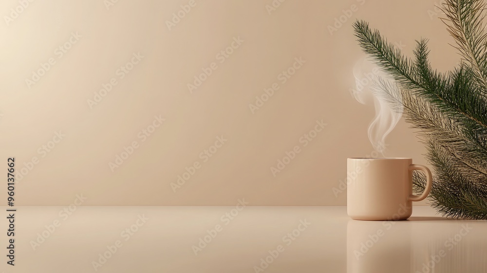 Fototapeta premium A warm cup of coffee releases steam, positioned beside pine branches and cones on a simple off-white table, set against a soft beige backdrop