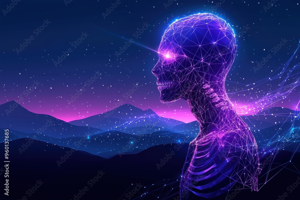 Glowing silhouette of human head surrounded by sparkling particles against night sky Glowing silhouette of human head surrounded by sparkling particles against night sky