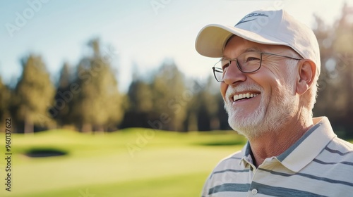 Golfer smiles at fairway on sunny day.