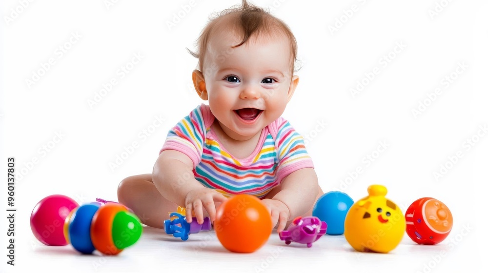 Obraz premium Adorable kid has fun with toys, isolated