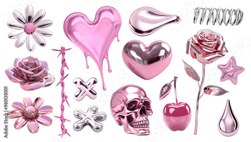 PNG 3d pink chrome shape element set, transparent background