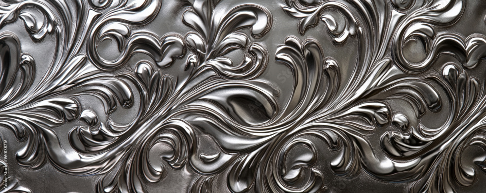 A silver textured surface with intricate, raised patterns, adding a three-dimensional effect that enhances the metal’s luxurious feel. A silver textured surface with intricate, raised patterns, adding a three-dimensional effect that enhances the metal’s luxurious feel.