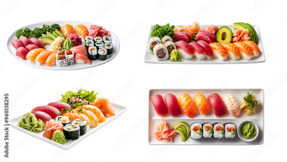 Sushi Platter Variety: A delectable spread of sushi platters, featuring a variety of nigiri, maki, and sashimi, perfect for sharing or a solo indulgence. Sushi Platter Variety: A delectable spread of sushi platters, featuring a variety of nigiri, maki, and sashimi, perfect for sharing or a solo indulgence.