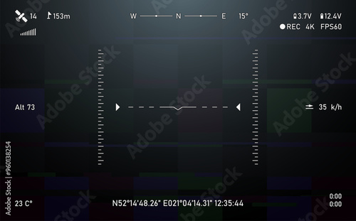 FPV drone interface screen with glitch background