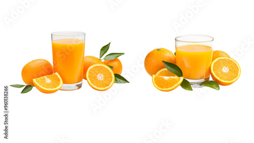 Refreshing Orange Juice: A vibrant still life featuring two glasses of freshly squeezed orange juice, surrounded by whole oranges, halved oranges, and green leaves, on a crisp white background. The im