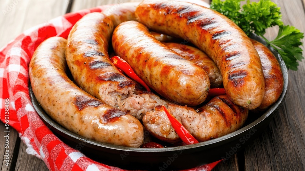 Sizzling bratwurst sausages are perfectly fried with oil and red pepper, served hot on a wooden table, ready for a satisfying meal Sizzling bratwurst sausages are perfectly fried with oil and red pepper, served hot on a wooden table, ready for a satisfying meal