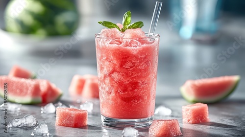 Wallpaper Mural Watermelon smoothie in a stylish glass with a straw surrounded by watermelon chunks and a light backdrop creating a refreshing summer scene Torontodigital.ca