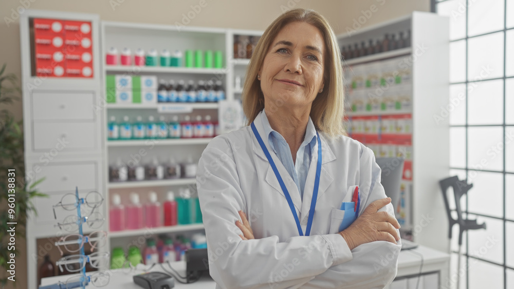 A confident mature woman pharmacist with arms crossed stands in a well-stocked pharmacy interior. A confident mature woman pharmacist with arms crossed stands in a well-stocked pharmacy interior.
