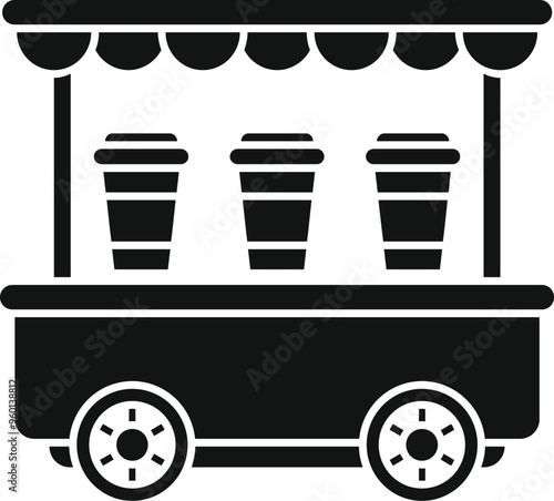 Simple vector icon of a street food cart selling coffee from takeaway cups