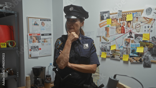 Mature female police officer contemplating in a detective's room with evidence board and missing posters photo