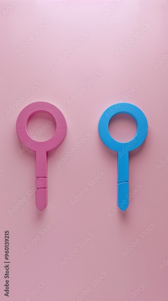 Two gender symbol magnifying glasses, pink and blue, magnify a letter Two gender symbol magnifying glasses, pink and blue, magnify a letter