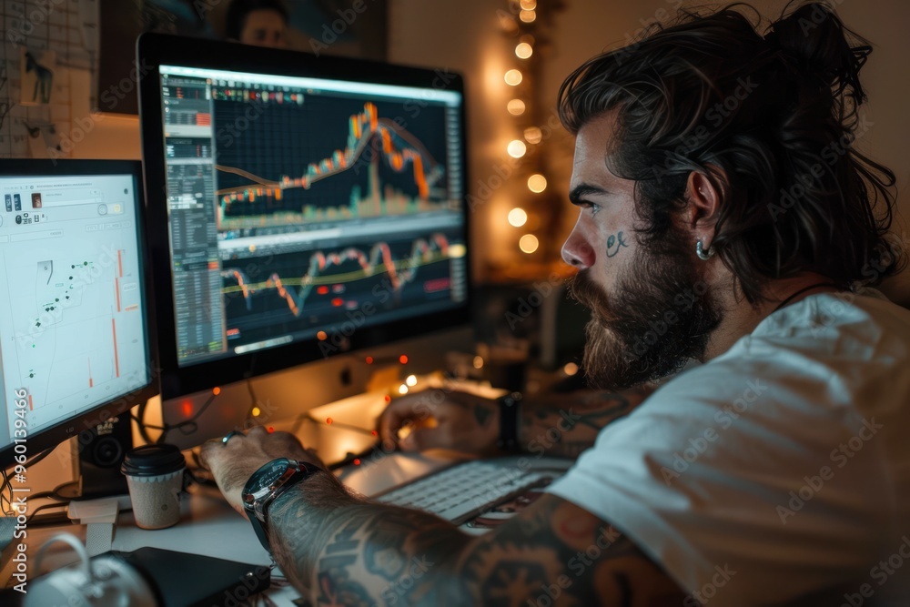 Professional manager analyzing stock market trends on computer in creative office Professional manager analyzing stock market trends on computer in creative office