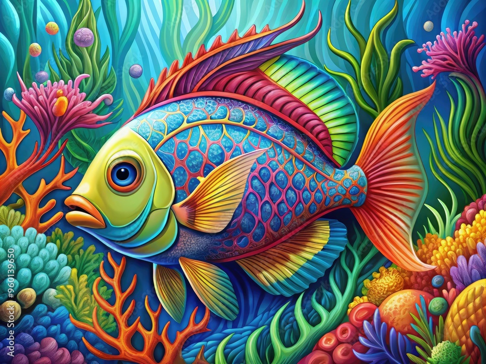 Vibrant, intricately scaled fish rendered in bold lines and bright colors, swimming amidst swirling seaweed and coral, evoking a sense of oceanic wonder and serenity. Vibrant, intricately scaled fish rendered in bold lines and bright colors, swimming amidst swirling seaweed and coral, evoking a sense of oceanic wonder and serenity.