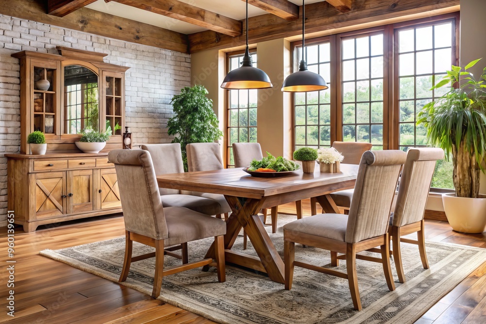Rustic wooden farmhouse furniture set with comfortable upholstered chairs and a sturdy table in a cozy dining room Rustic wooden farmhouse furniture set with comfortable upholstered chairs and a sturdy table in a cozy dining room