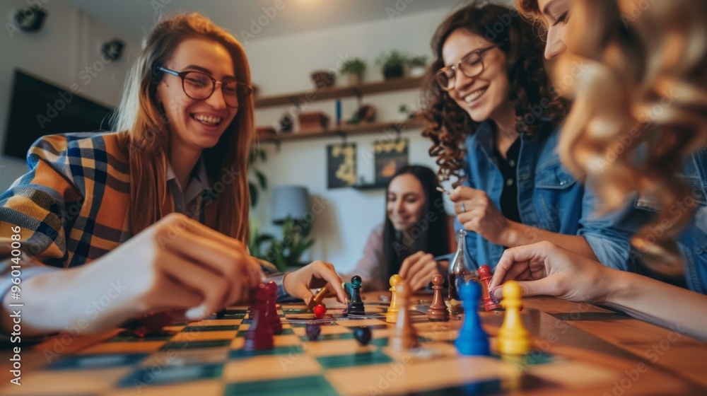 Fototapeta premium Four young women enjoy a board game, showcasing joy and camaraderie. Outfits range from casual gray to colorful tops, exuding a fun and happy atmosphere.
