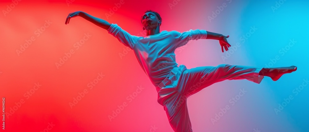 Male dancer in white, alone in studio, striking dynamic pose like in ...