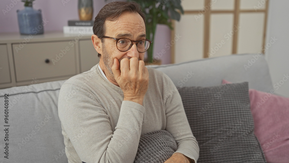 An anxious middle-aged man sitting on a gray couch in a modern living room, contemplating An anxious middle-aged man sitting on a gray couch in a modern living room, contemplating