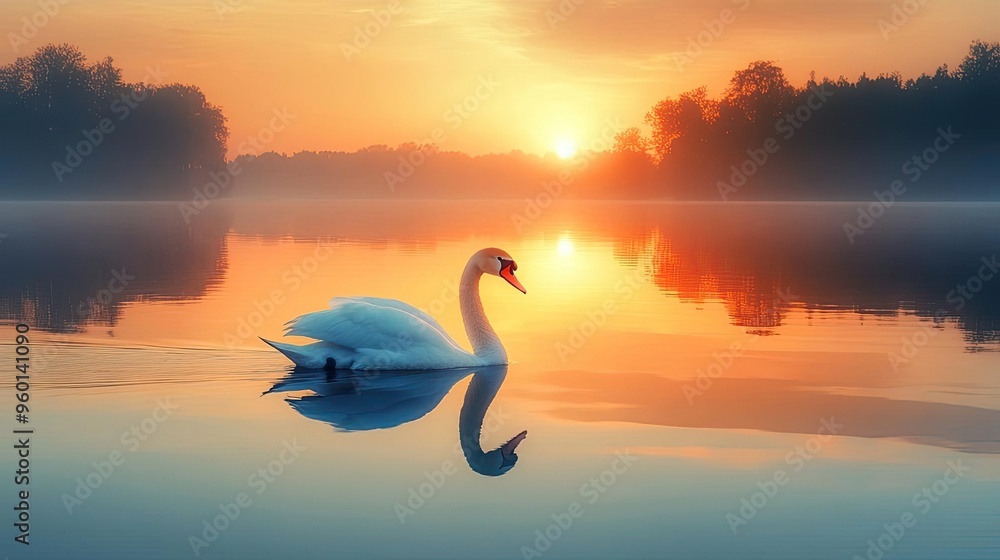 Fototapeta premium A serene image of a swan gliding across a still lake at sunset, with its reflection perfectly mirrored on the water s surface