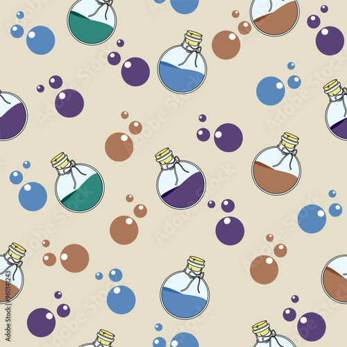 colorful potion bottles in seamless pattern