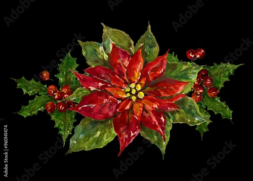 ポインセチアとヒイラギのクリスマス飾り