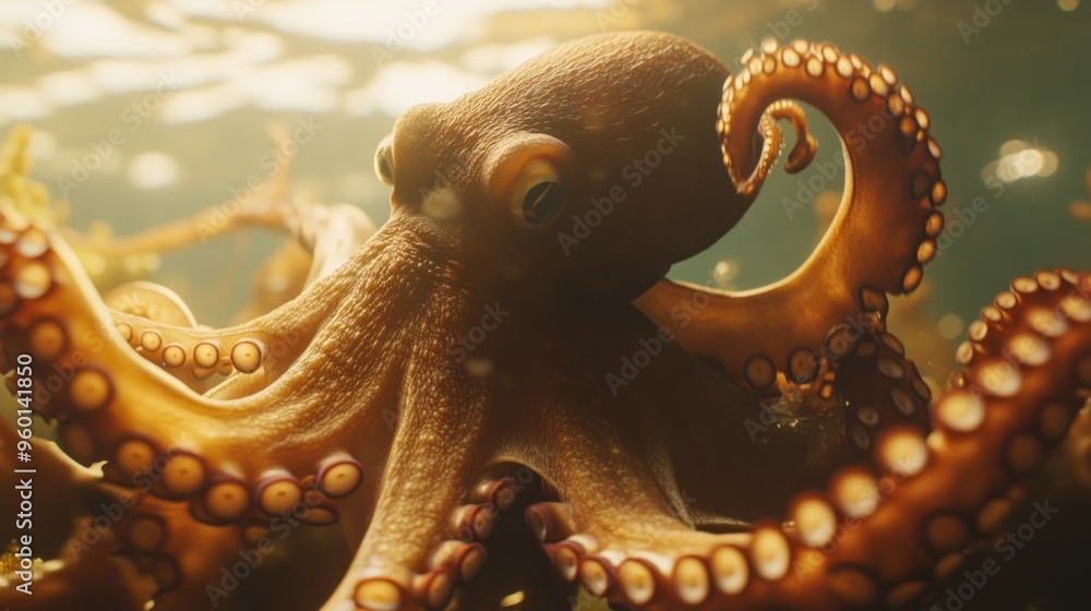Obraz premium Close-up of an Octopus with One Eye Visible in Sunlit Water
