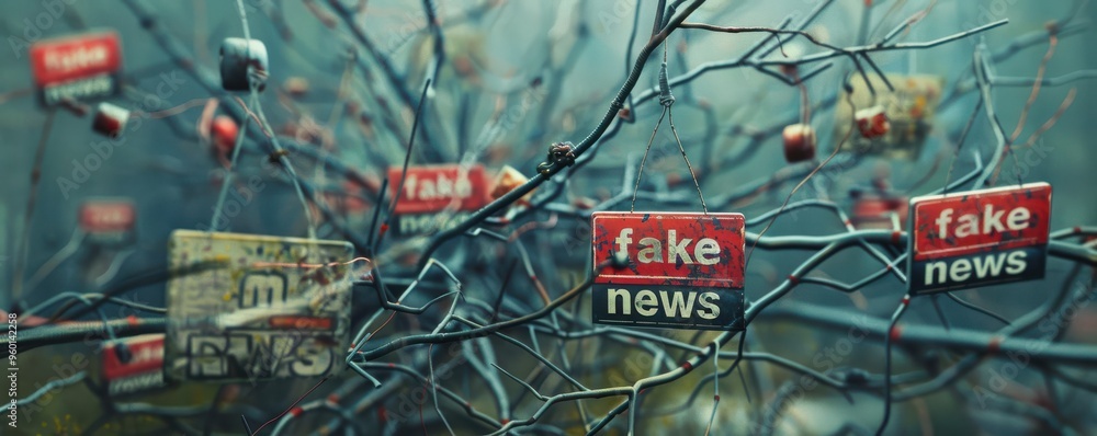 Fototapeta premium Tangled web of fake news signs representing misinformation in media.