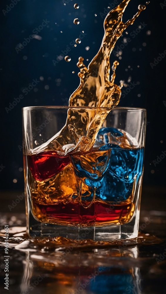 Whiskey splash with red and blue liquids in a bronze bokeh setting. Whiskey splash with red and blue liquids in a bronze bokeh setting.