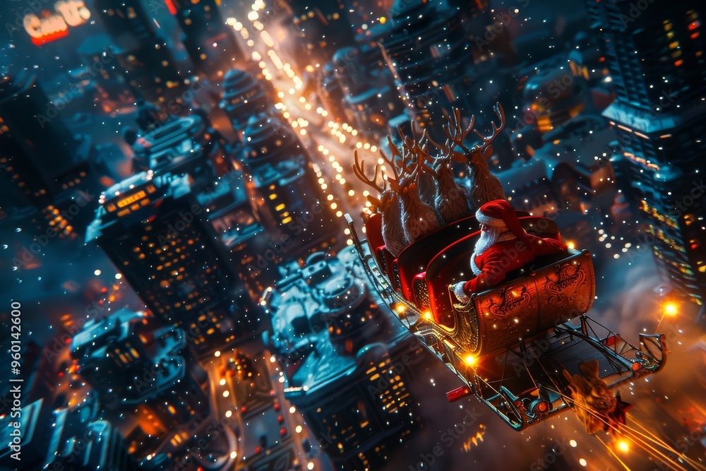 Santa Claus flying in sleigh with reindeer over city at night, neon lights and festive atmosphere, hyper-realistic photo realism with high detail. Santa Claus flying in sleigh with reindeer over city at night, neon lights and festive atmosphere, hyper-realistic photo realism with high detail.
