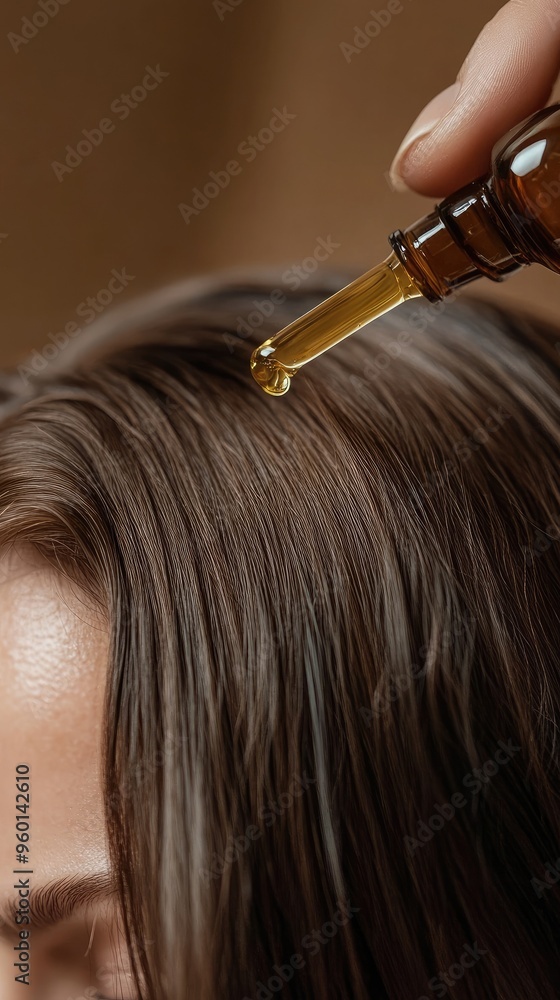 Close-up of a person applying hair oil with a dropper to nourish and strengthen hair for a healthy appearance. Close-up of a person applying hair oil with a dropper to nourish and strengthen hair for a healthy appearance.