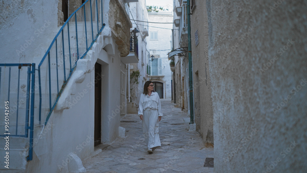 A young, beautiful hispanic woman walks through the charming stone-paved streets of polignano a mare, puglia, italy, dressed in white and surrounded by picturesque old buildings. A young, beautiful hispanic woman walks through the charming stone-paved streets of polignano a mare, puglia, italy, dressed in white and surrounded by picturesque old buildings.