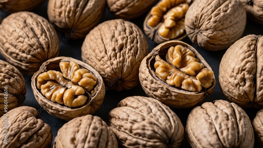 Whole and halved walnuts isolated on a white surface, highlighting their rich texture. Whole and halved walnuts isolated on a white surface, highlighting their rich texture.