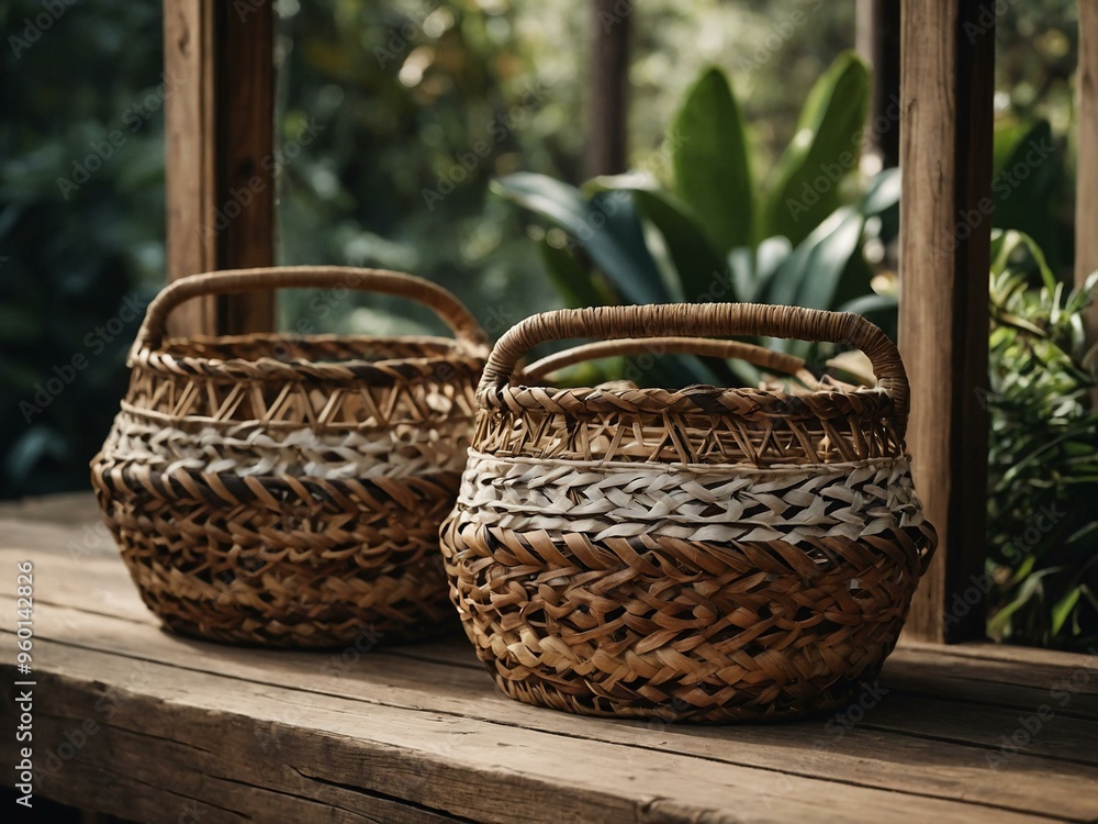 Woven baskets arranged in a rustic setting with natural elements on display. Woven baskets arranged in a rustic setting with natural elements on display.