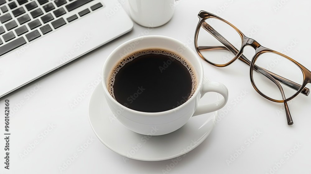 Minimalist scene featuring a laptop open on a desk corner, with a coffee cup and a pair of glasses neatly placed beside it. The bird’s-eye view captures the clean, organized layout, emphasizing simpli Minimalist scene featuring a laptop open on a desk corner, with a coffee cup and a pair of glasses neatly placed beside it. The bird’s-eye view captures the clean, organized layout, emphasizing simpli