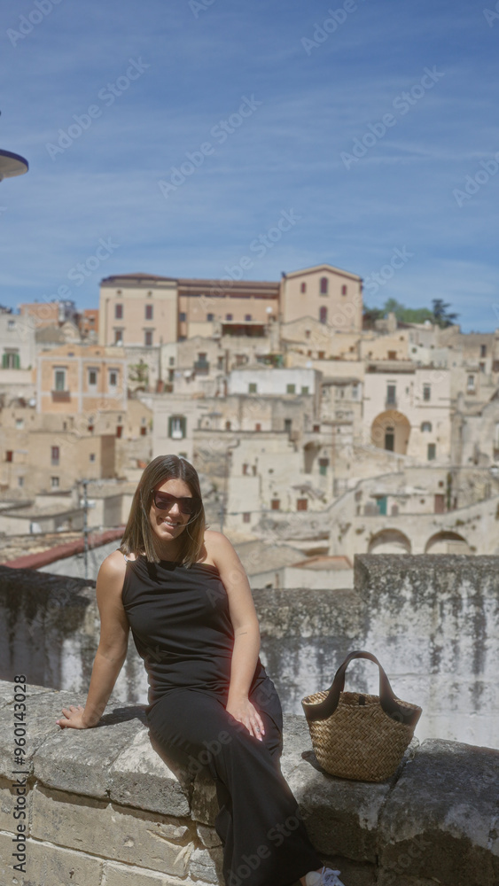 Fototapeta premium A beautiful young hispanic woman sits at a viewpoint in the old town of matera, italy, with a charming backdrop of historic buildings.