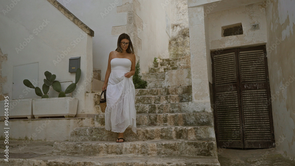 Fototapeta premium A young hispanic woman in a white dress walks down stone stairs in the charming old town of ostuni, puglia, italy, carrying a wicker bag.