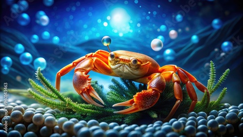 Vibrant orange crab claw grasping a shimmering pearl, set against a dark blue oceanic backdrop, with delicate seaweed tendrils and soft, diffused lighting. photo