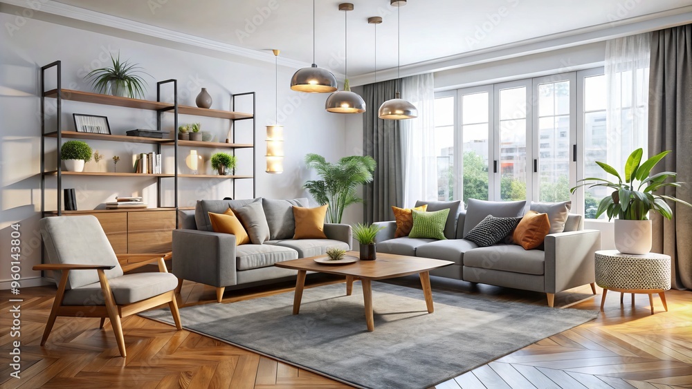 * Sleek modern furniture adorns a large, sun-drenched room where clean lines and textures come together in perfect * Sleek modern furniture adorns a large, sun-drenched room where clean lines and textures come together in perfect