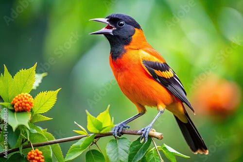 Vibrant orange oriole perches on a slender branch, its beak open wide, filling the air with a joyful, melodious song amidst lush green foliage. photo