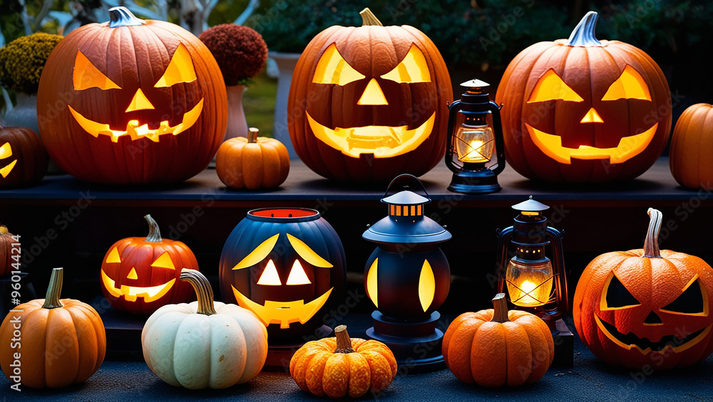 Collection of lantern Halloween pumpkins Collection of lantern Halloween pumpkins